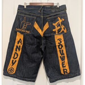 NWOT Evisu Andy Souwer Shootboxing Baggy Denim Shorts Indigo Blue Orange Mens 36
